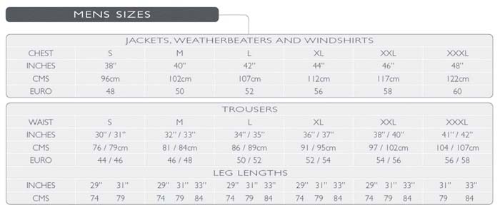 Sunderland Golf Size Chart