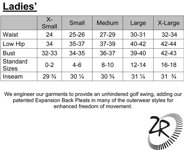 Zero Restriction ladies size chart