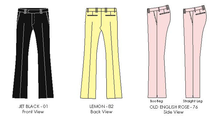 black, lemon, rose colored mens trousers
