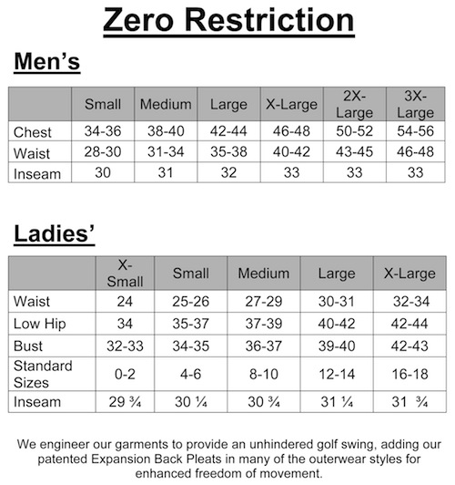 mens zero restriction size chart